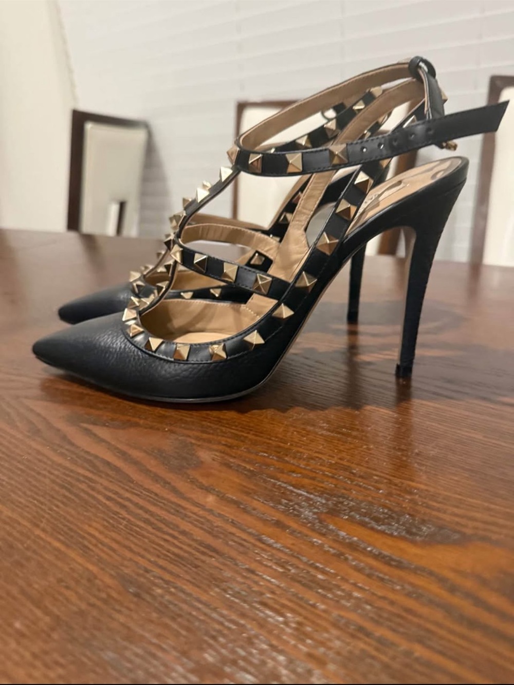 Valentino Black Leather Studded T-Strap Stiletto Pumps